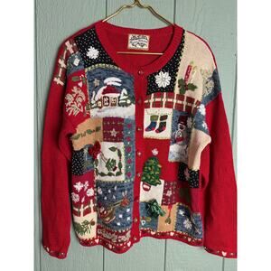 Vintage Heirloom Collectibles Christmas Patchwork Cardigan Sweater L/XL